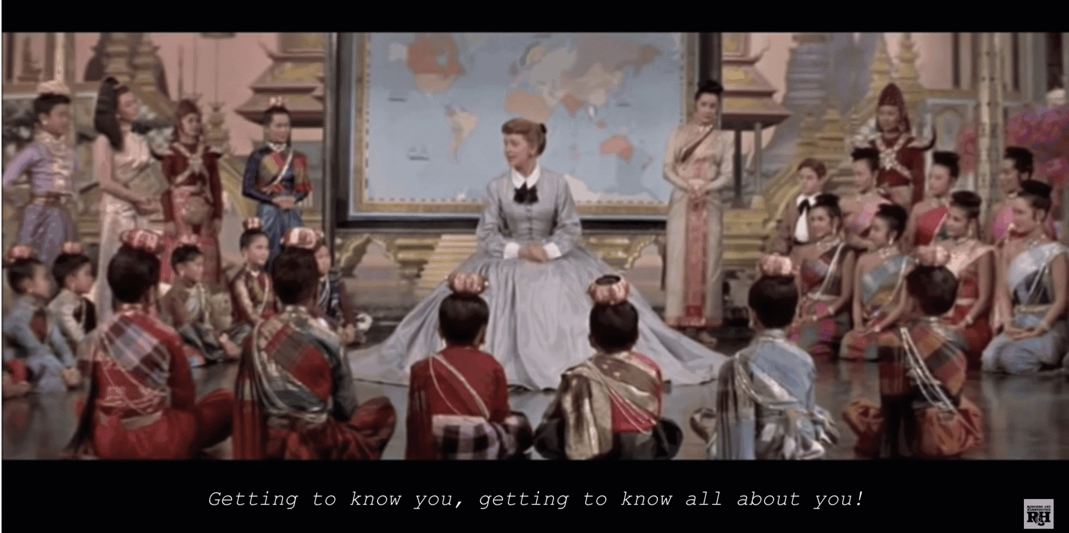 Anna from the 1956 film musical “The King and I” singing “Getting to Know You”